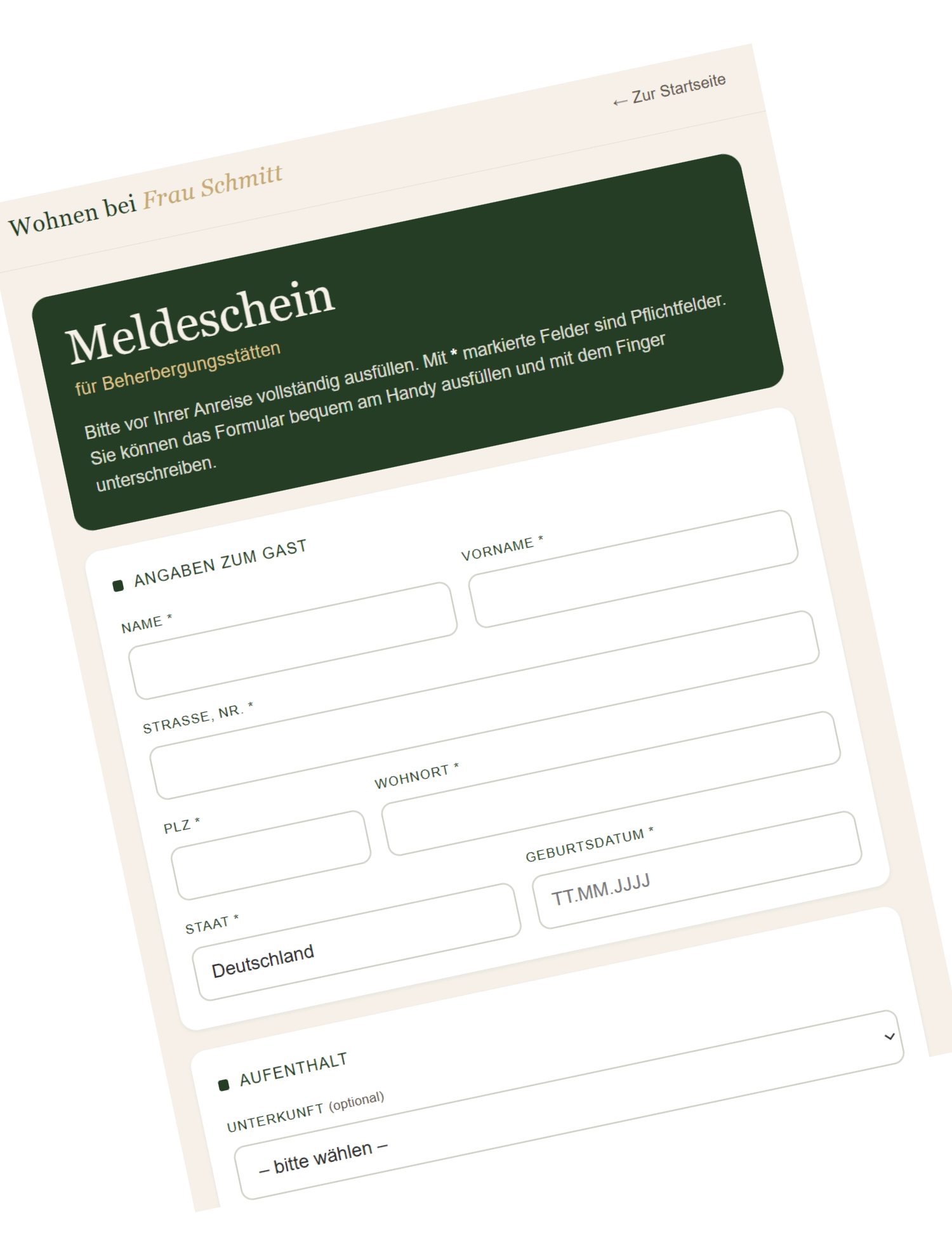 Digitaler Meldeschein auf dem Smartphone — Formular für Beherbergungsbetriebe mit Unterschrift am Handy