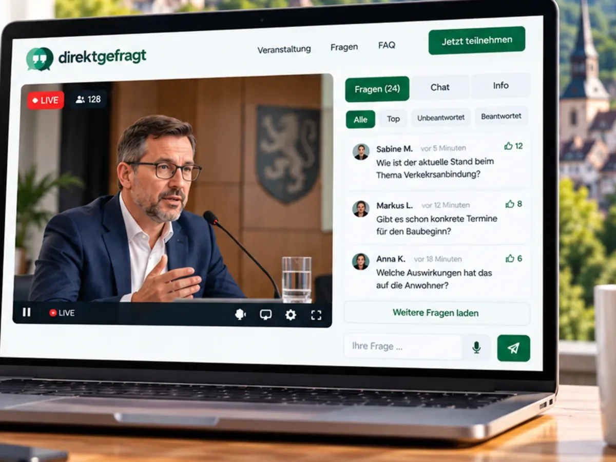 Laptop mit direktgefragt: Live-Video eines Redners am Mikrofon, daneben eine Liste mit Fragen der Teilnehmer zu Verkehrsanbindung und Baubeginn