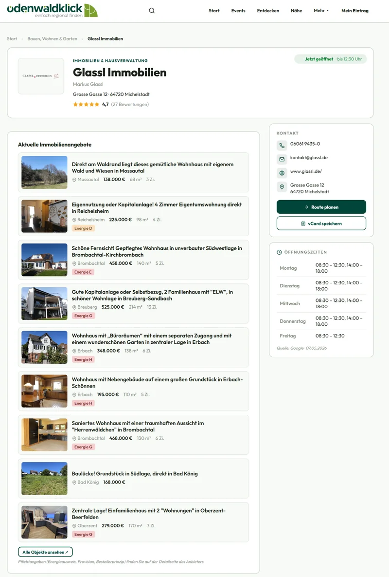 Glassl Immobilien auf OdenwaldKLICK – die aktuellen Immobilienangebote werden automatisch über die Open-Immo-Schnittstelle synchronisiert
