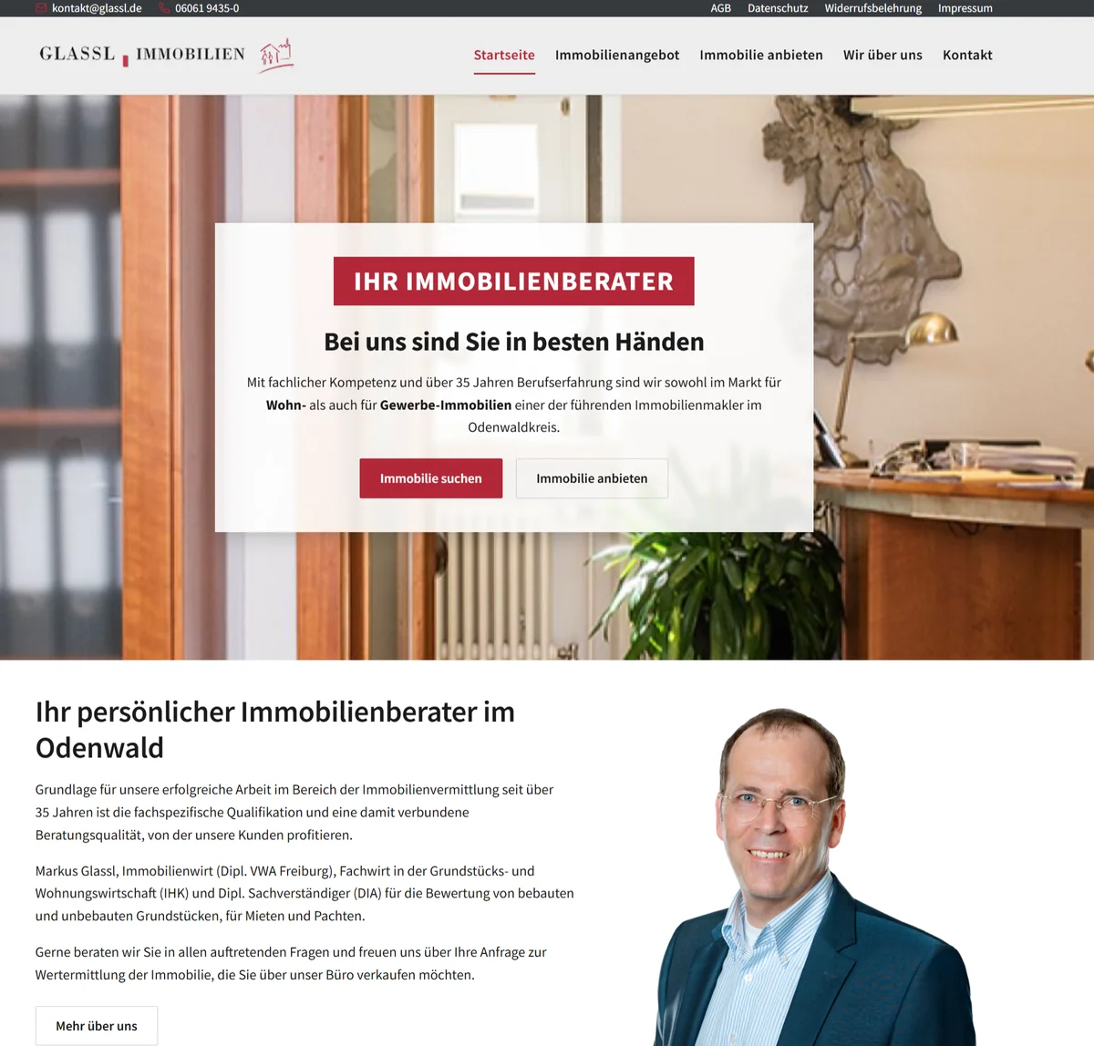 Glassl Immobilien – Startseite der neuen Website mit Hero-Bereich und Berater-Vorstellung