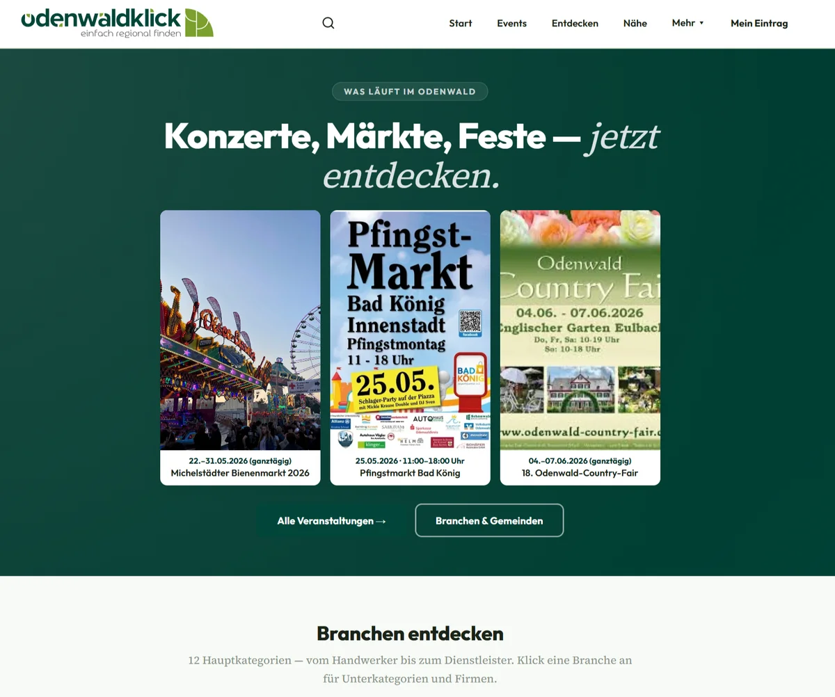 Odenwaldklick.de Startseite mit aktuellen Veranstaltungen und Branchen-Übersicht