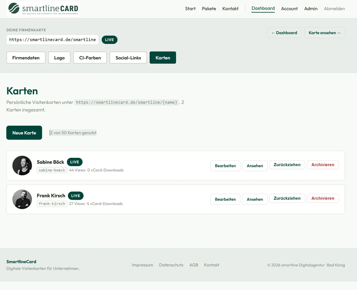 smartlinecard.de Backend – Karten-Übersicht mit Mitarbeiter-Karten, Live-Status und Statistik
