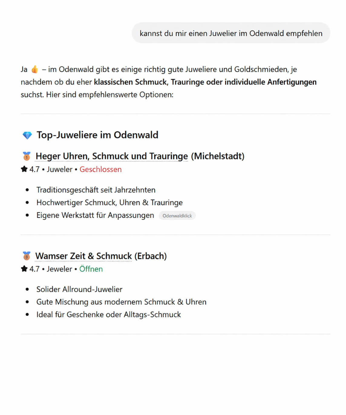 ChatGPT empfiehlt Heger Uhren in Michelstadt und zitiert Odenwaldklick als Quelle