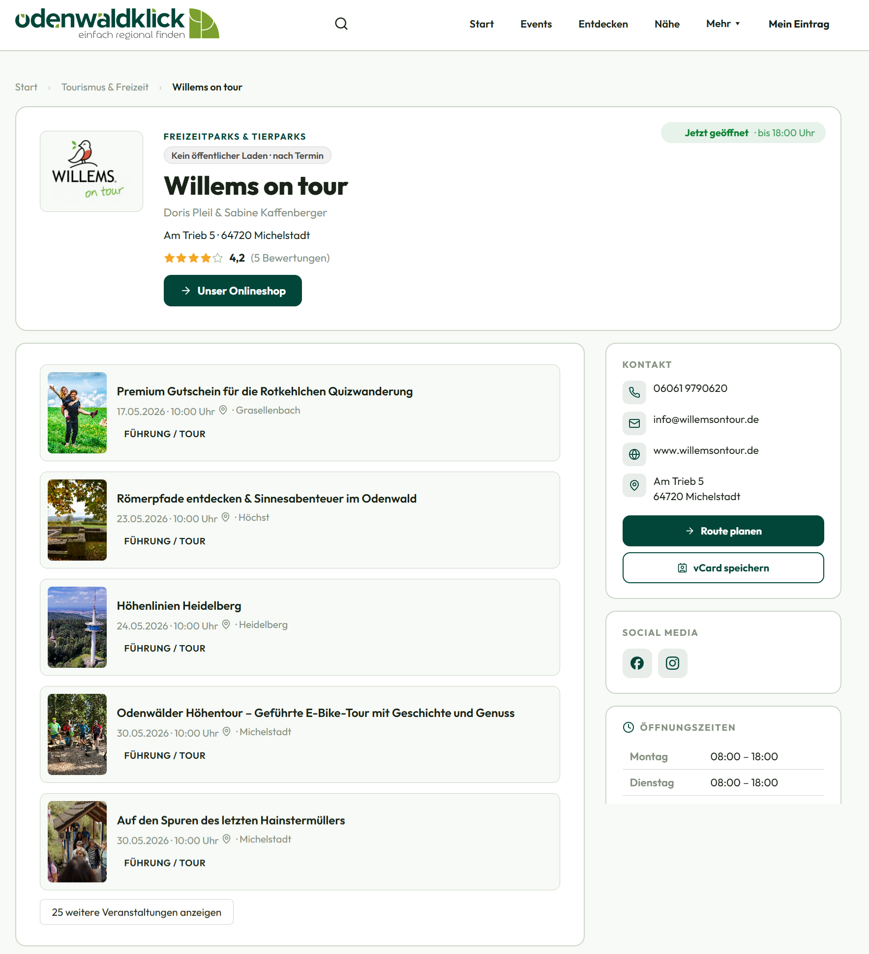 Firmenprofil Willems on tour mit Events-Block – Veranstaltungen direkt im Eintrag